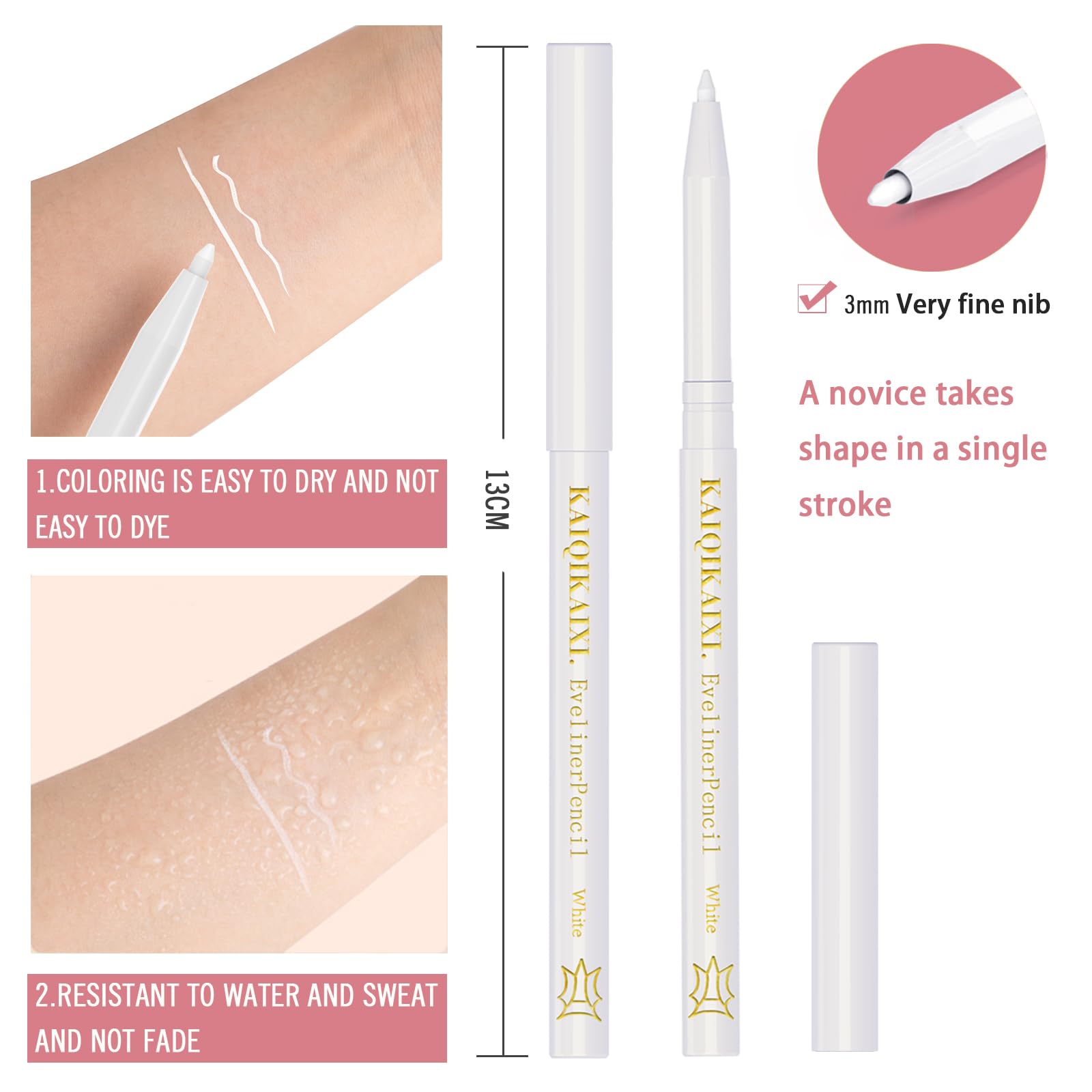 KAIQIKAIXI easy-to-use white eyeliner pens with mousse texture.