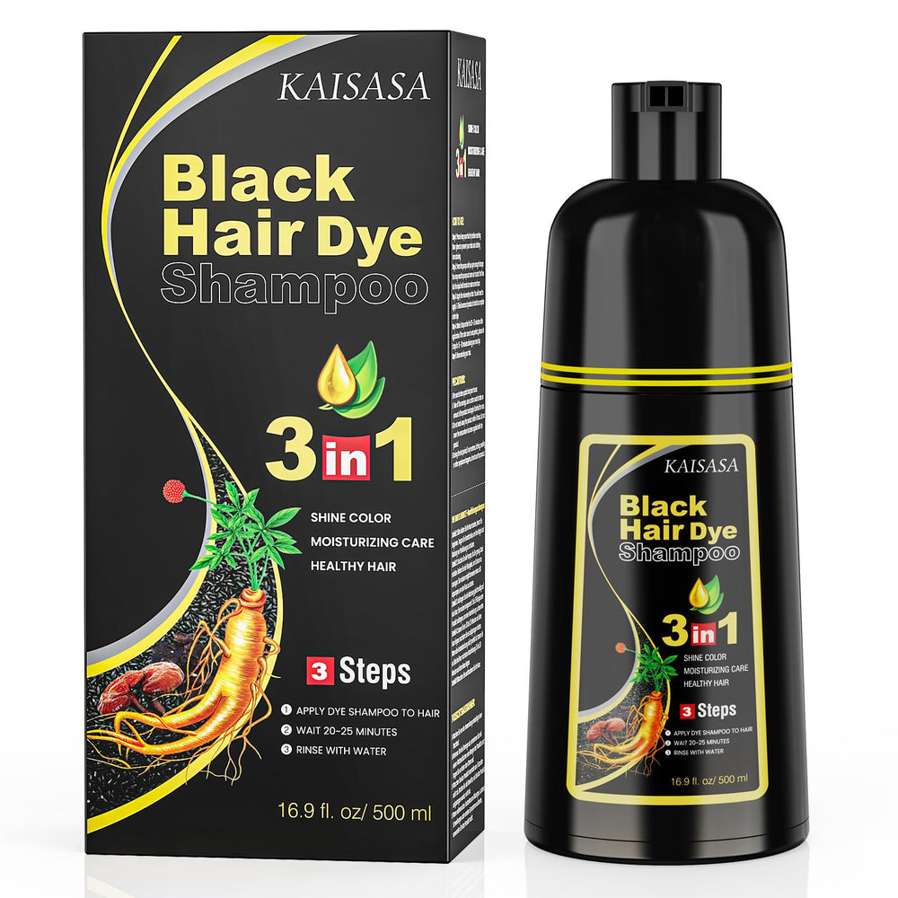KAISASA Black Hair Dye Shampoo bottle front promises full gray coverage.