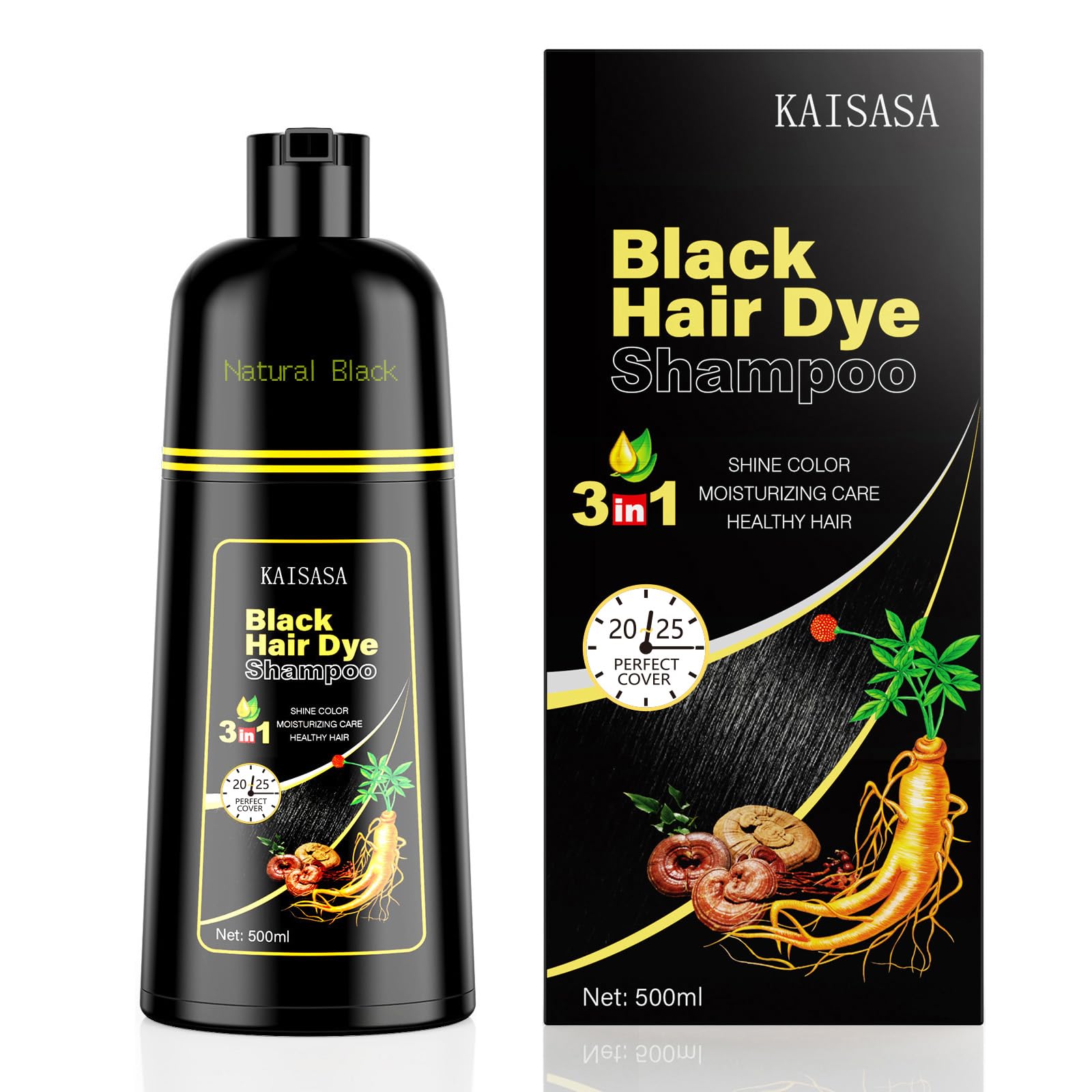 KAISASA Black Hair Dye Shampoo bottle demonstrates at-home gray coverage with herbal formula.