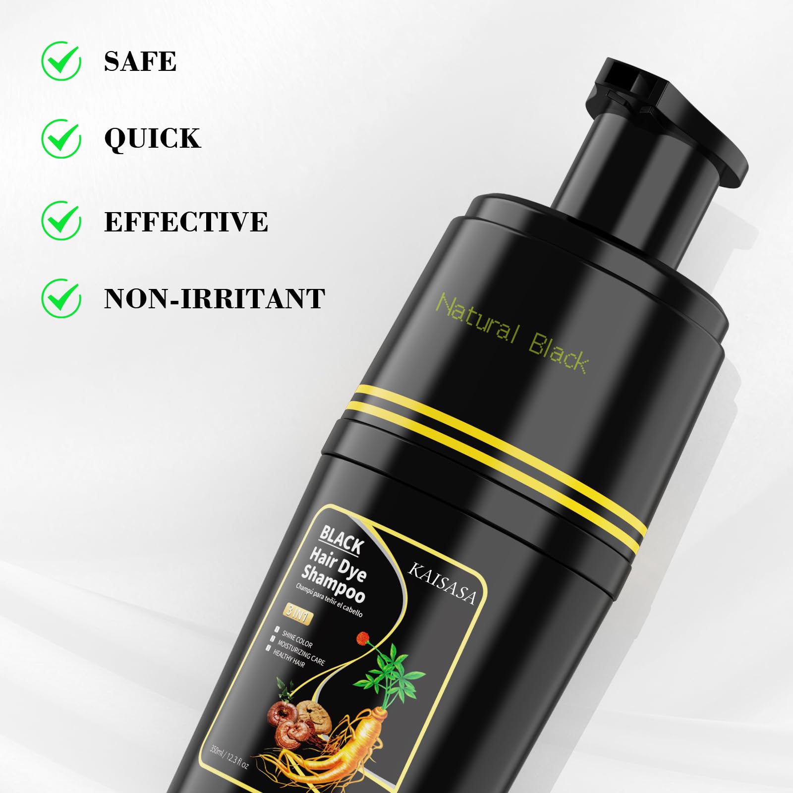 KAISASA Black Hair Dye Shampoo packaging highlights clean label and benefits