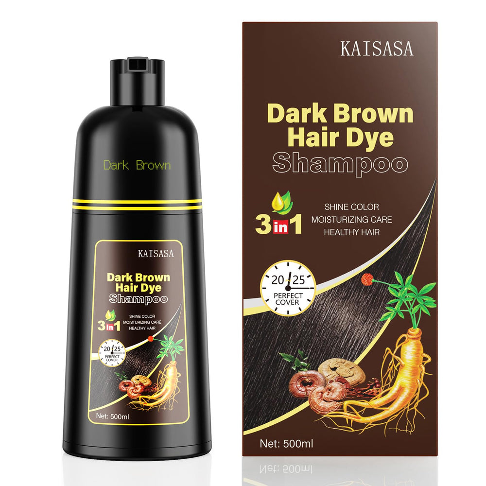 KAISASA Dark Brown Hair Dye Shampoo bottle for gray coverage and easy at-home use.