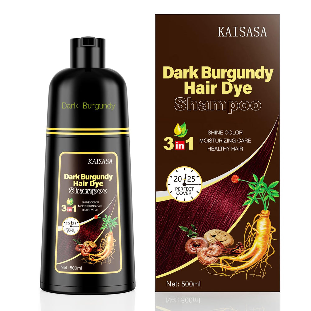 KAISASA hair dye shampoo bottle shows burgundy shade for at-home color