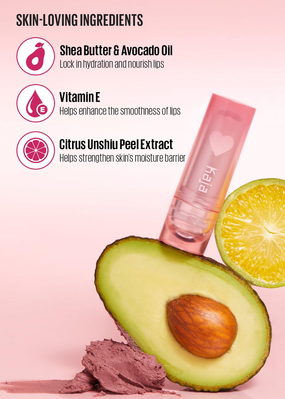 Kaja Love Blur Lip Balm 05 avocado oil nourishes and hydrates lips.