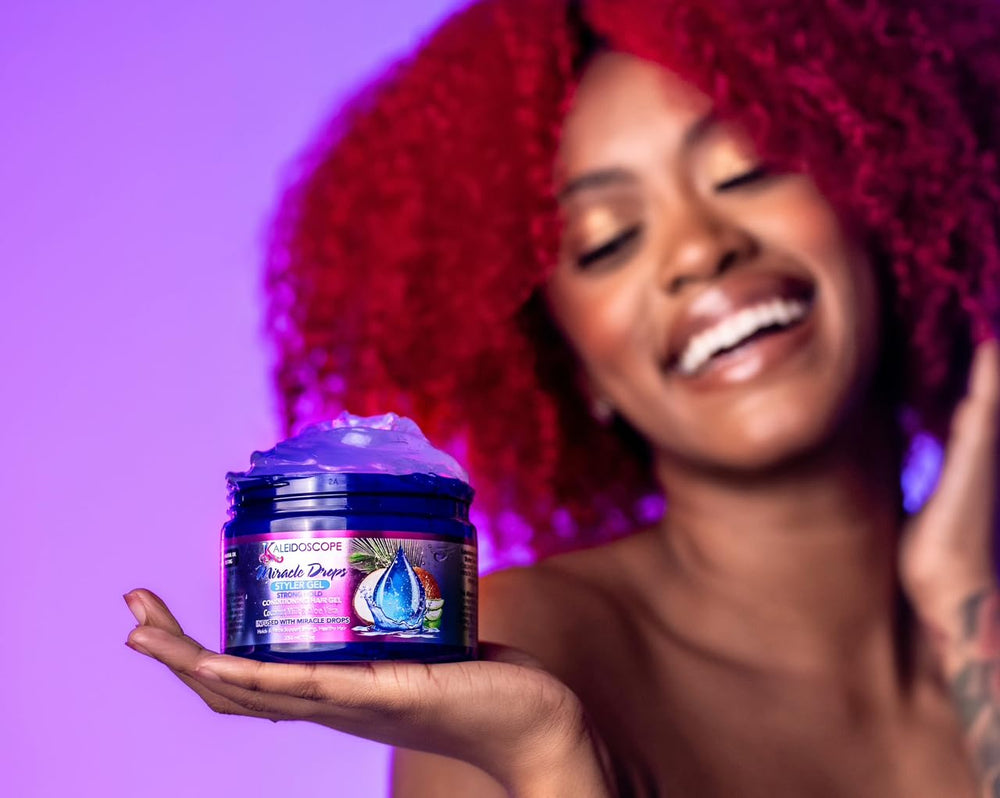Kaleidoscope Miracle Drops Styler Gel demonstrates application on damp hair for smooth styling.