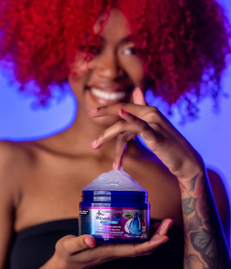 Kaleidoscope Miracle Drops Styler Gel shows flexible hold for versatile looks.