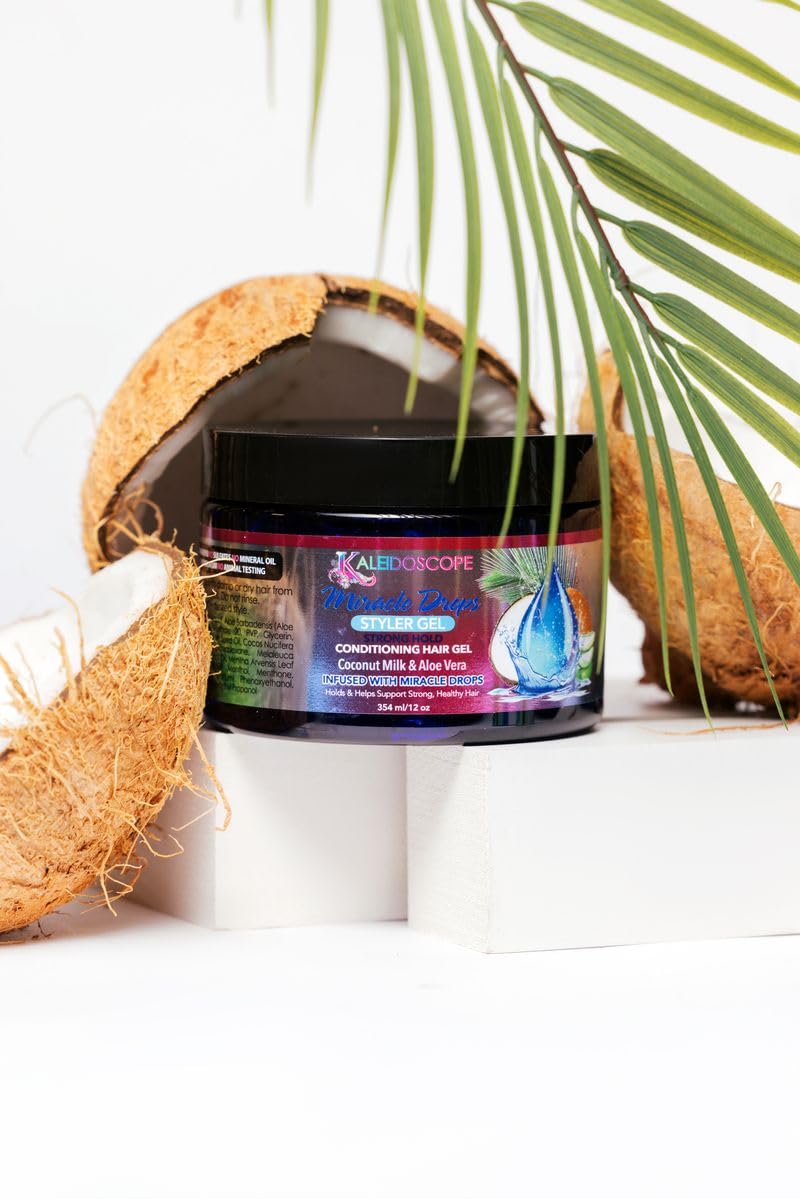 Kaleidoscope Miracle Drops Styler Gel frizz-control on display for smoother hair.