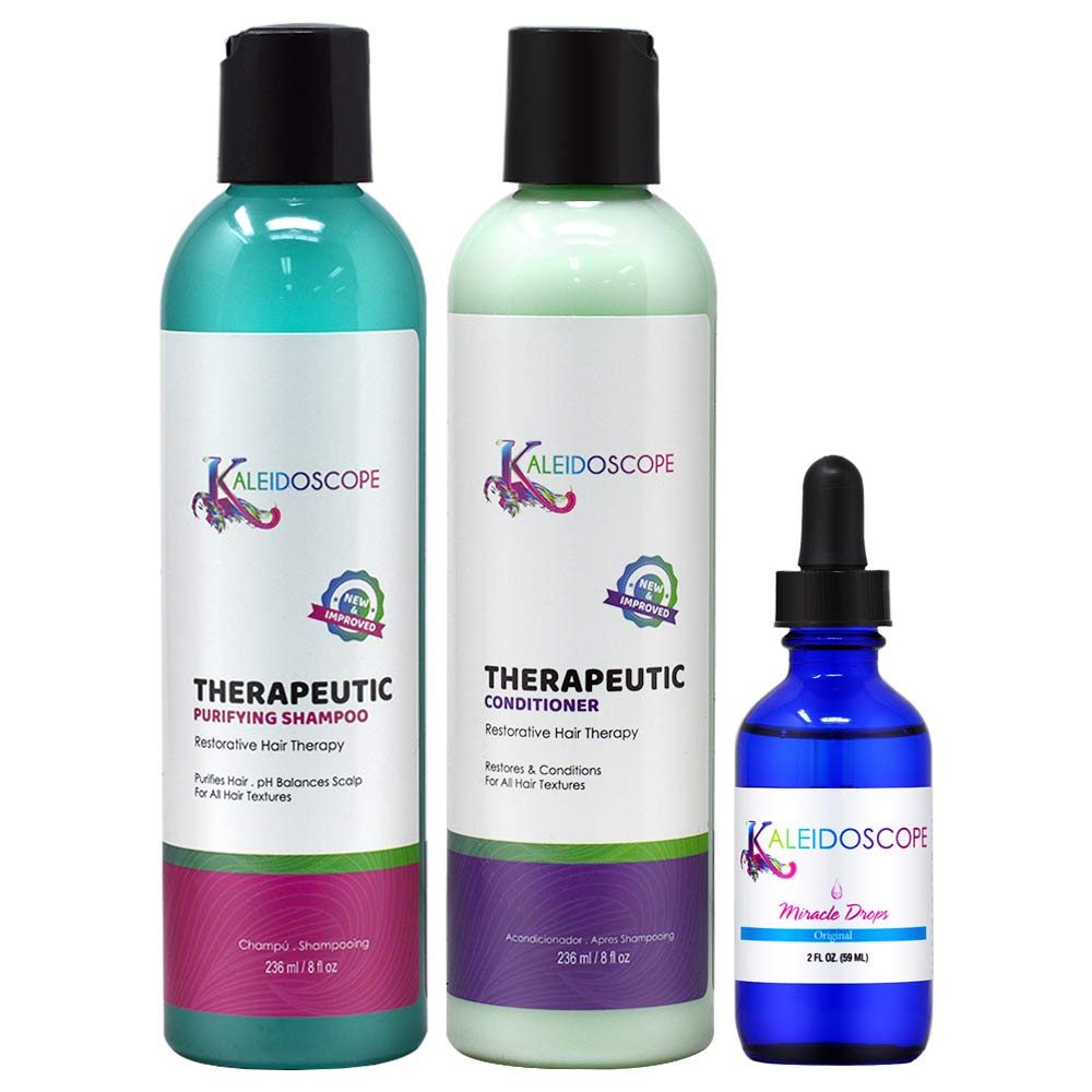 Kaleidoscope Therapeutic Trio bundle bottle with shampoo, conditioner, and miracle drops for healthier hair