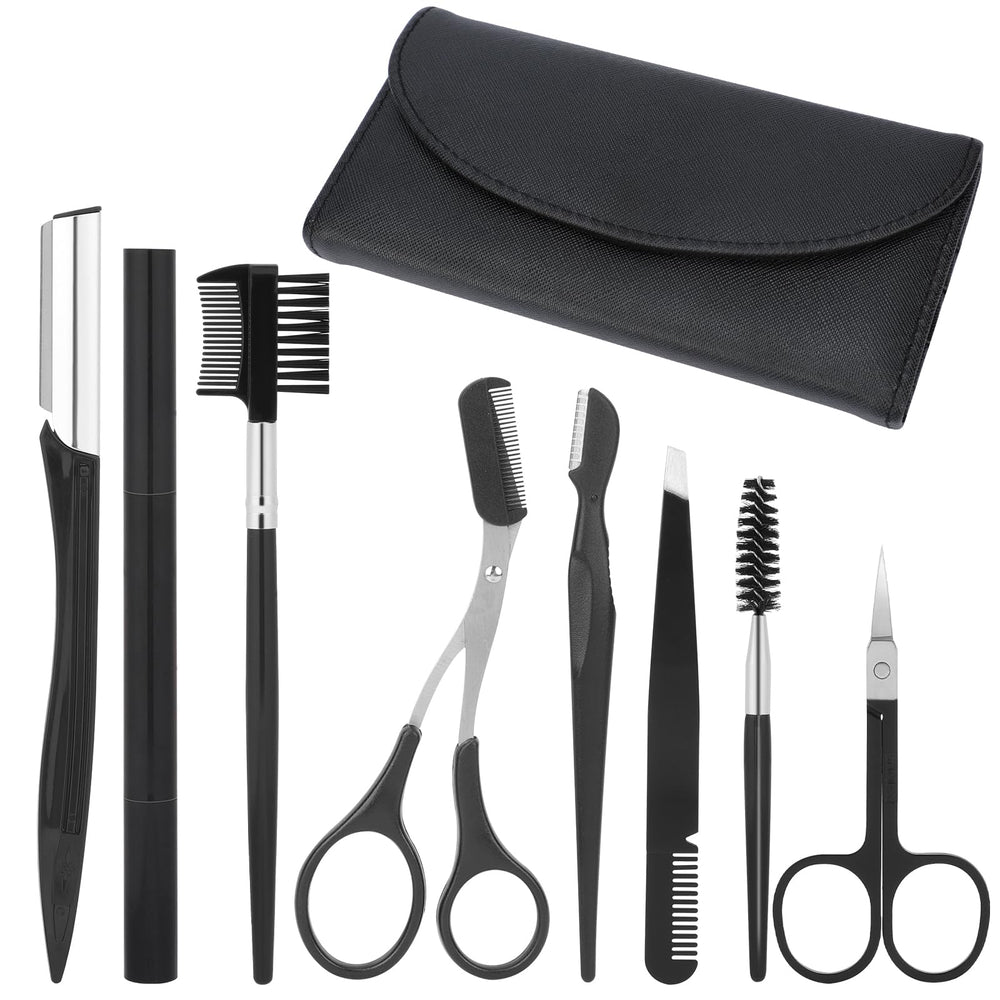 KALIONE eyebrow grooming kit with leather bag, portable for on-the-go brow shaping.