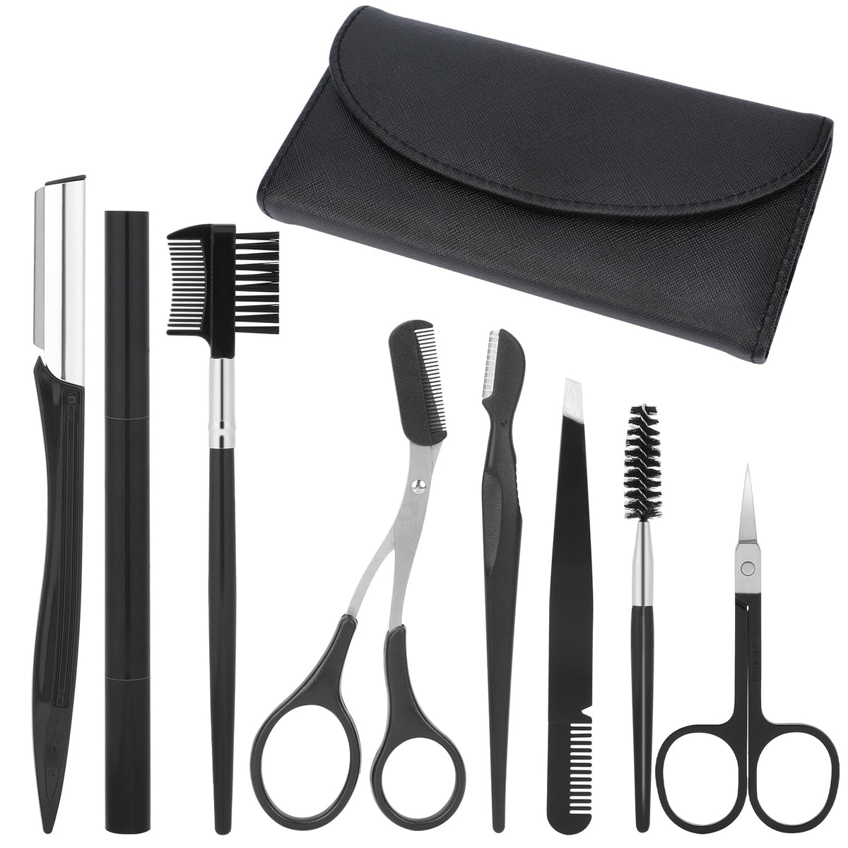 KALIONE eyebrow grooming kit with leather bag, portable for on-the-go brow shaping.