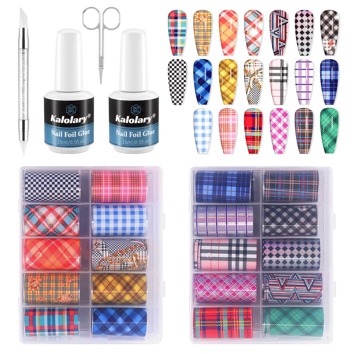 Kalolary buffalo plaid foil transfer sticker on nails for stylish DIY manicures.
