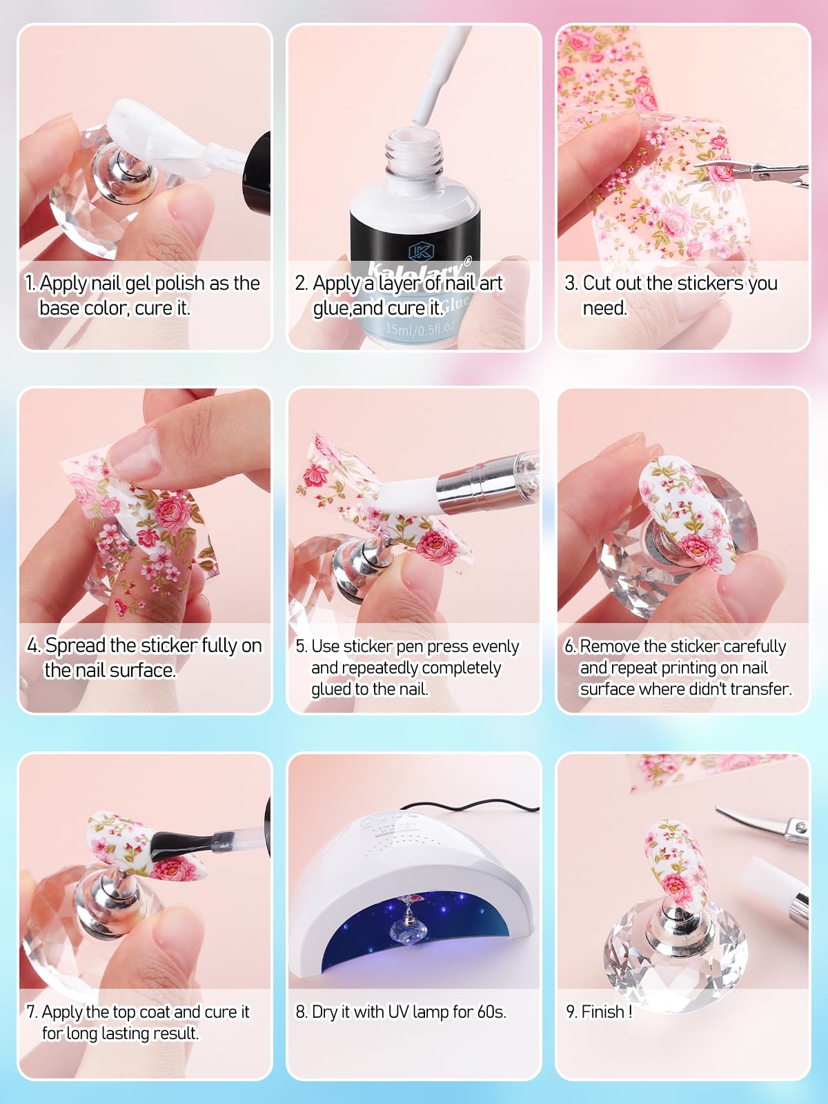 Kalolary foil sticker kit with 20 sheets inspires versatile nail art.