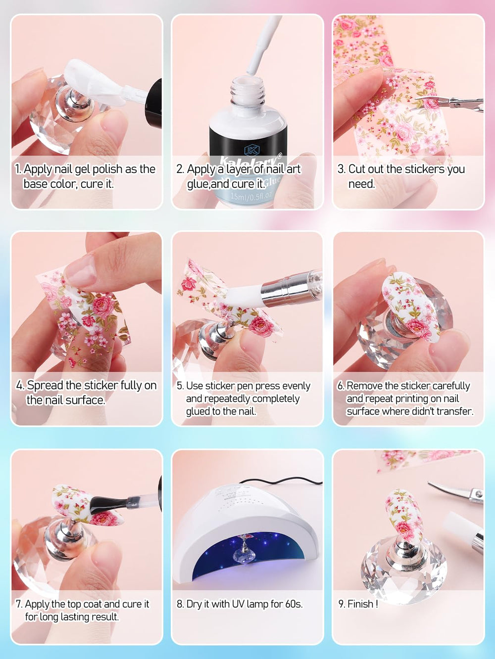 Kalolary foil sticker kit with 20 sheets inspires versatile nail art.