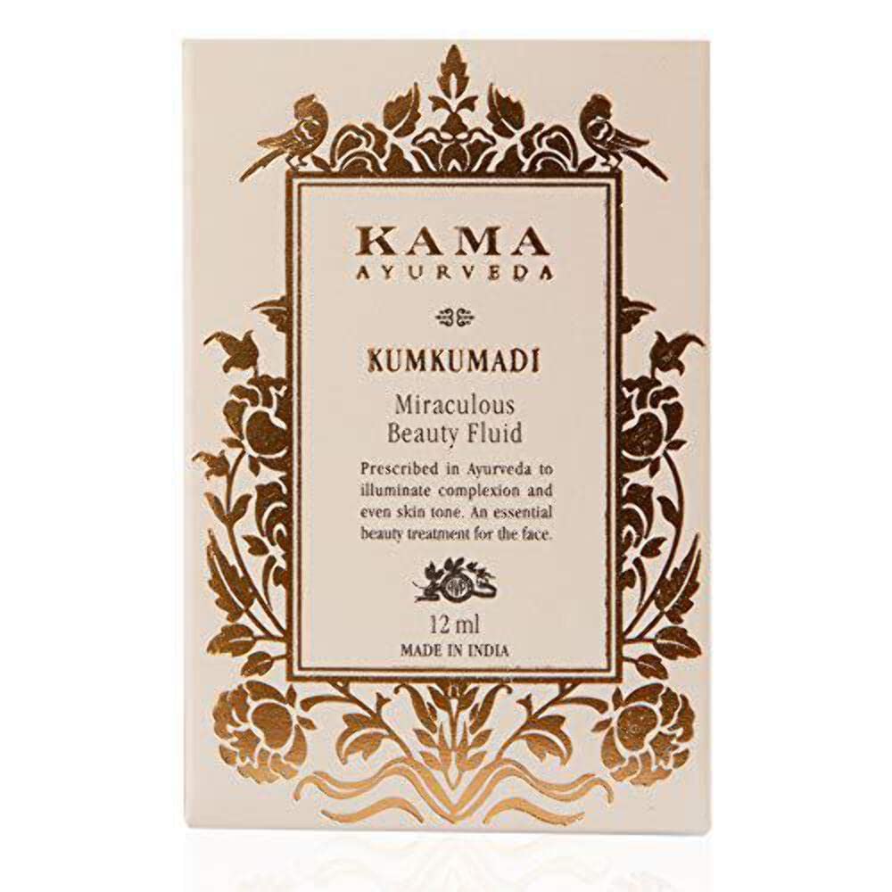 Kama Ayurveda Kumkumadi serum amber bottle portrait, elegant night skincare