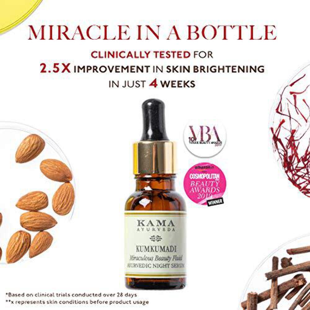 Kama Ayurveda Kumkumadi serum display of herbs and traditional ingredients for balance