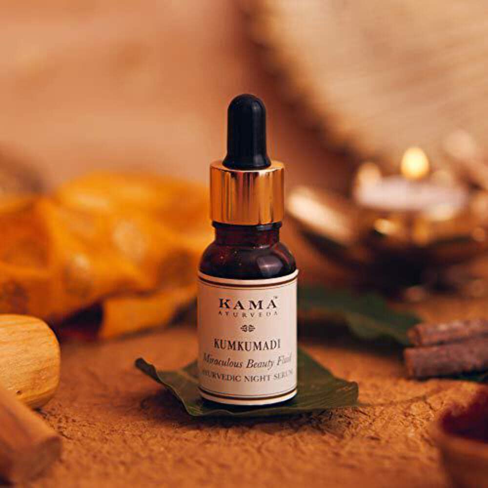 Kama Ayurveda Kumkumadi serum texture swatch shows lightweight hydration