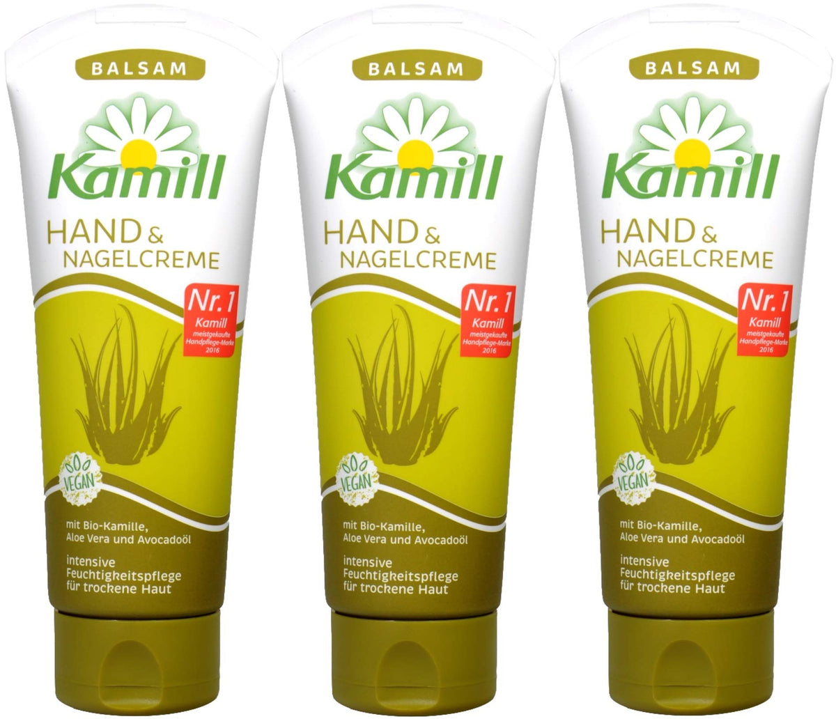 Kamill 3x100 ml Hand & Nail Cream BALSAM bottle with nourishing formula for dry hands.