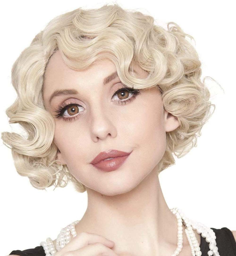 Kaneles short blonde curly wig with finger wave for retro cosplay and daily use.