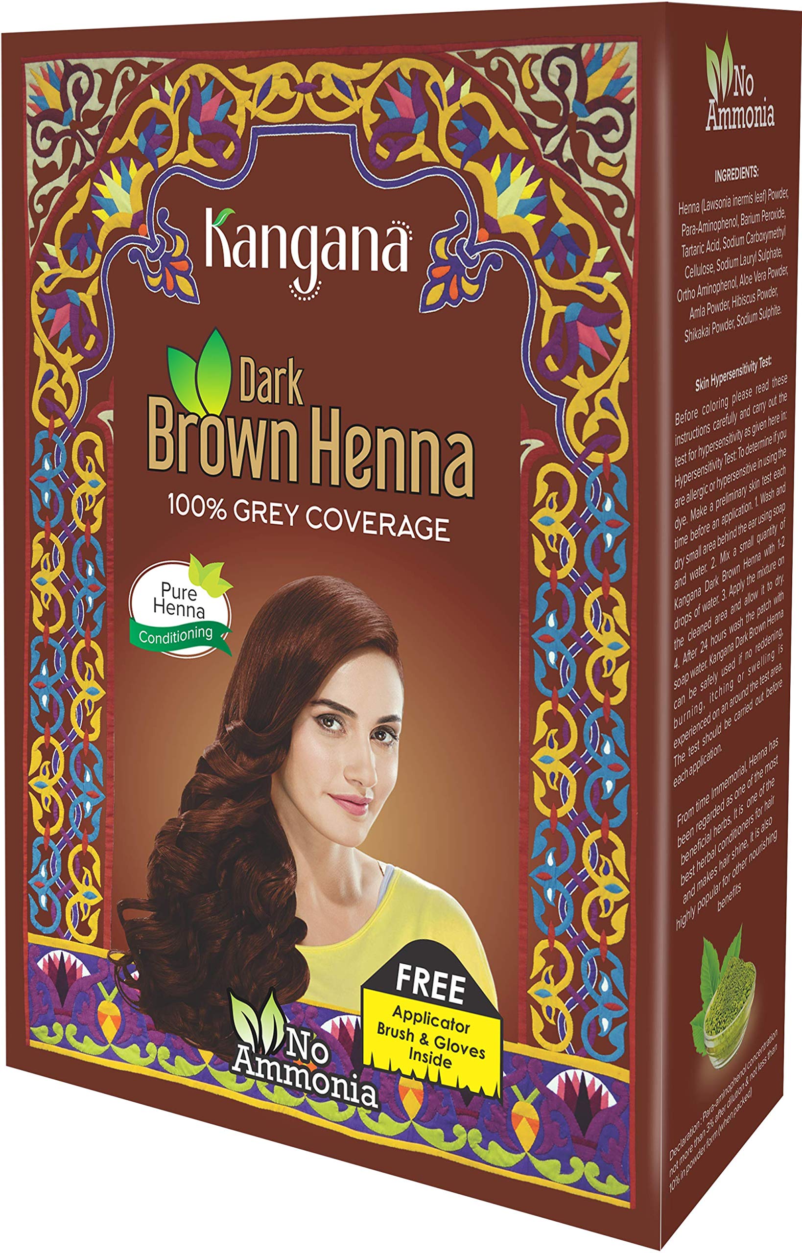 KANGANA Henna powder dark brown packaging highlights natural grey coverage option.