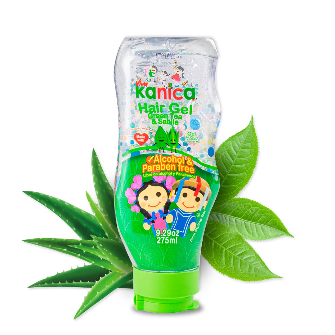 KANICA gel green tea aloe vera bottle highlights gentle care for kids hair.