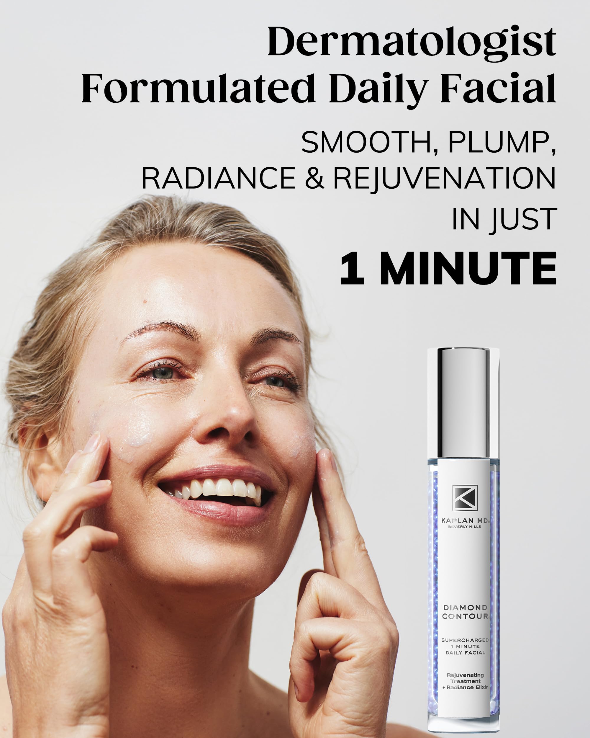 KAPLAN MD application shows 3–4 pumps on dry skin for glow.
