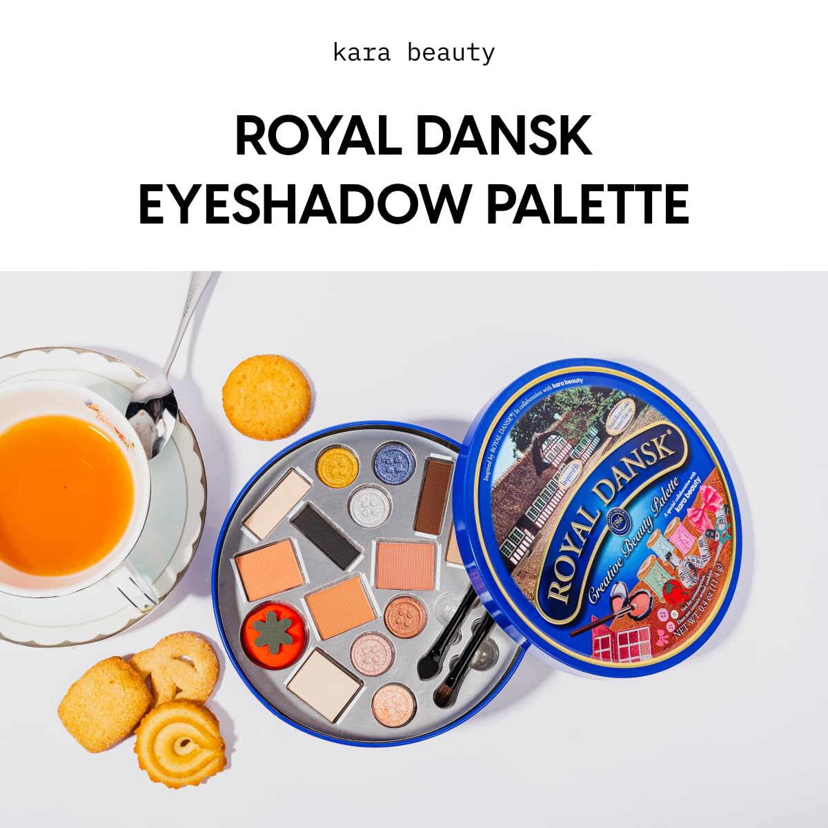 Kara Beauty Royal Dansk palette inside swatches show neutral and blue shades for versatile looks.