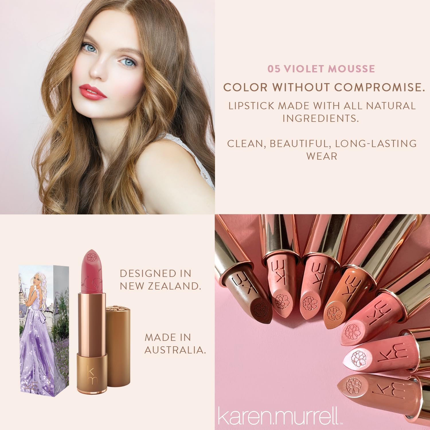 Karen Murrell Violet Mousse lip swatches show natural nude shade for versatile looks