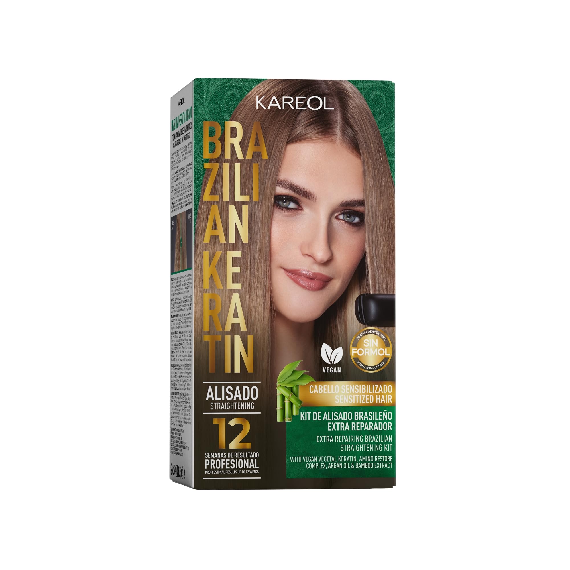 Kareol kit packaging shows vegan, formaldehyde-free formula for healthier hair