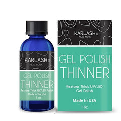 Karlash Gel Polish Thinner bottle with dropper helps revive thick gels for smooth, shiny results.