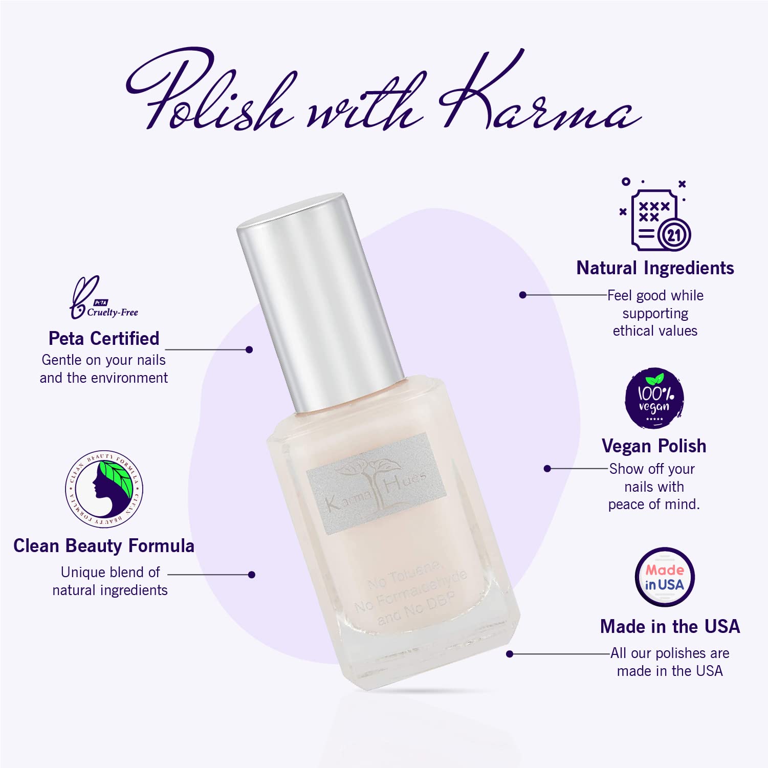 Karma Organic Heavenly Haze swatches-on-nail demonstrate rich, chip-resistant finish.