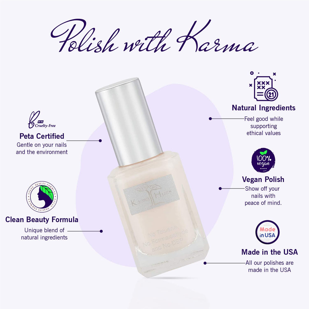 Karma Organic Heavenly Haze swatches-on-nail demonstrate rich, chip-resistant finish.