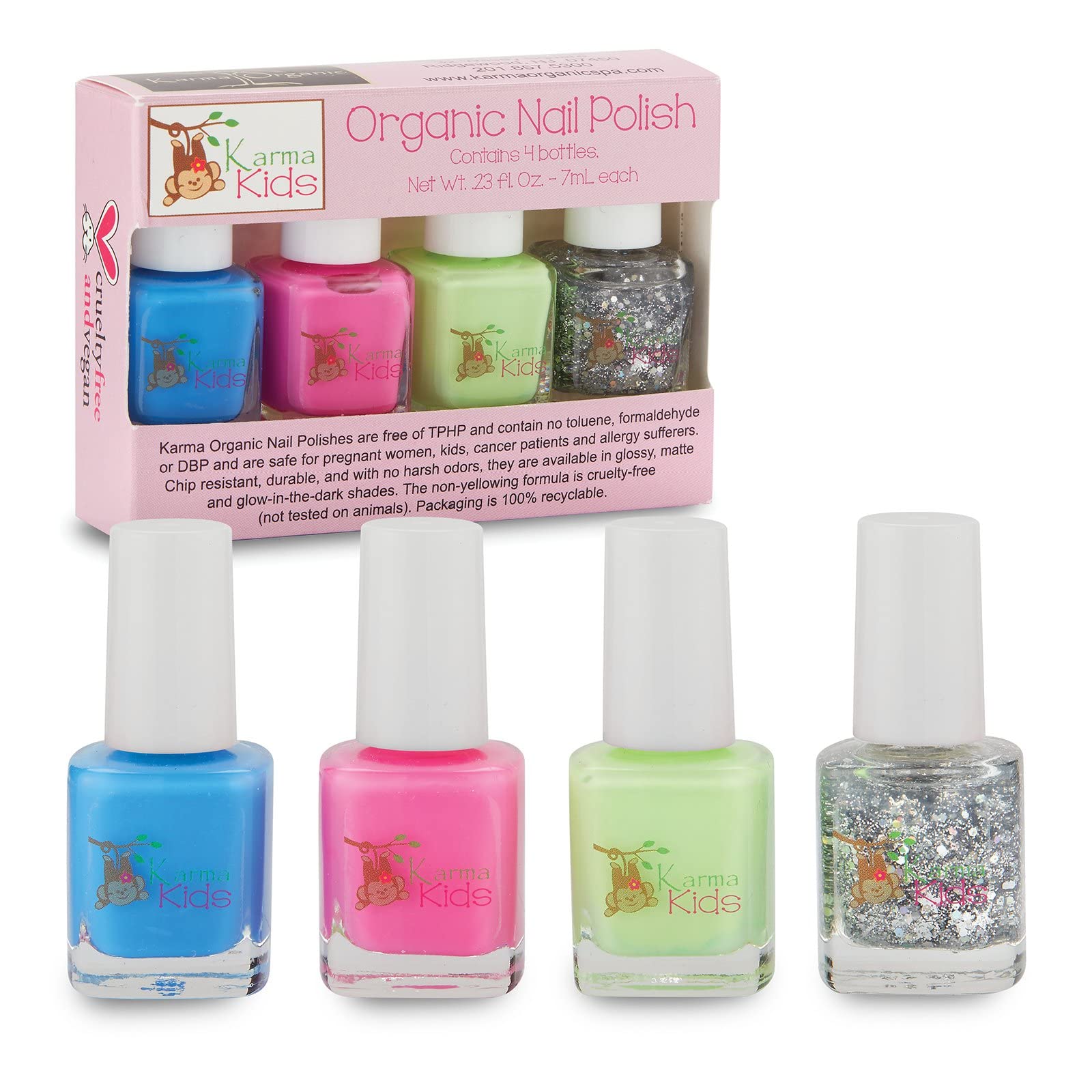 Karma Organic Kids color swatch shows rich hues for quick, kid-friendly nail art.