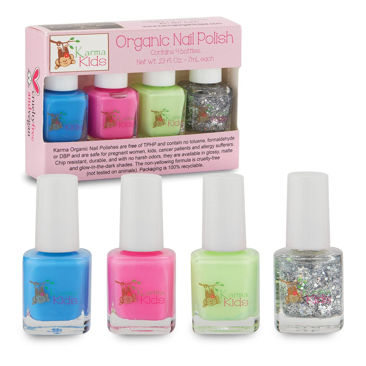 Karma Organic Kids color swatch shows rich hues for quick, kid-friendly nail art.