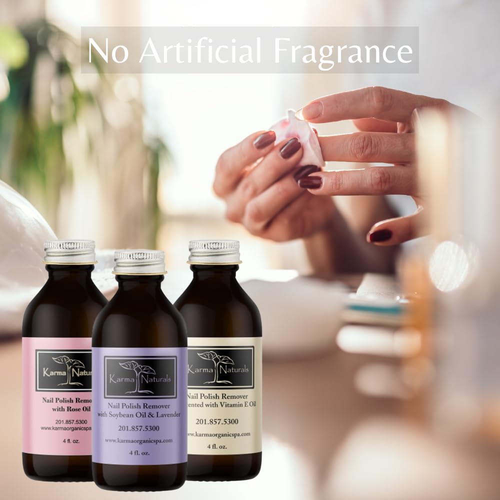 Karma Organic Rose Oil remover bottle highlights soothing aroma for nails