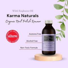 Karma Organic Nail Remover lavender aroma delivers natural, calming scent.