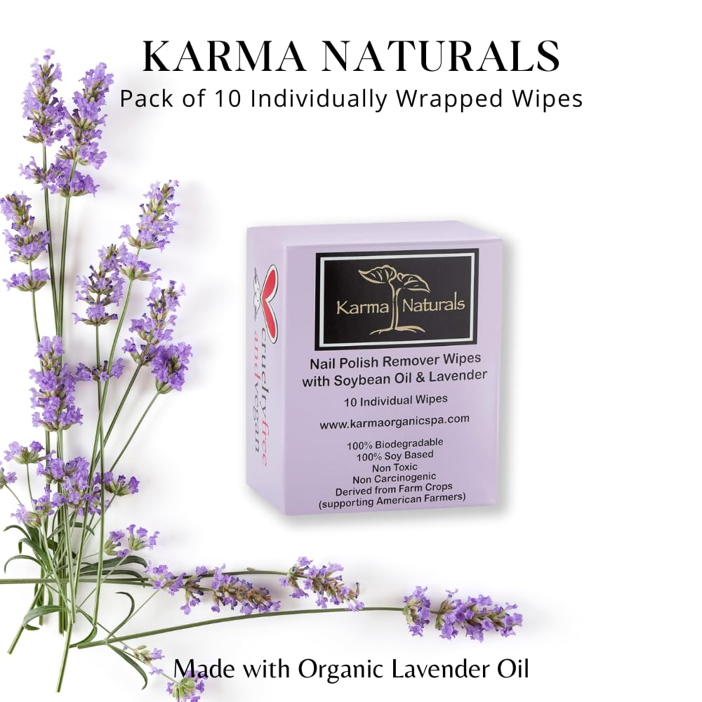 Karma Organic wipes, individually sealed, ideal for travel and on-the-go polish removal.