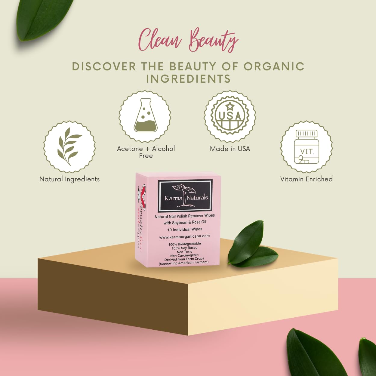 Karma Organic rose oil infused wipes soothe cuticles while removing polish