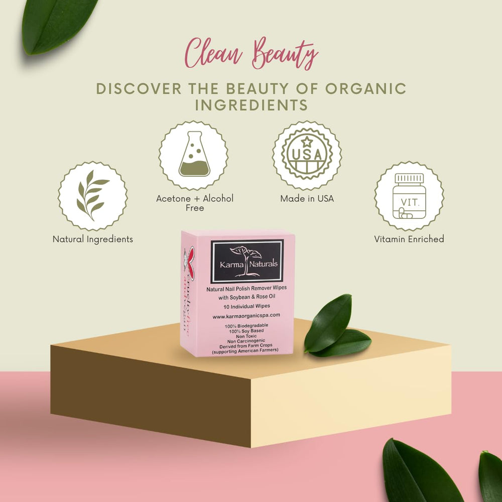 Karma Organic rose oil infused wipes soothe cuticles while removing polish