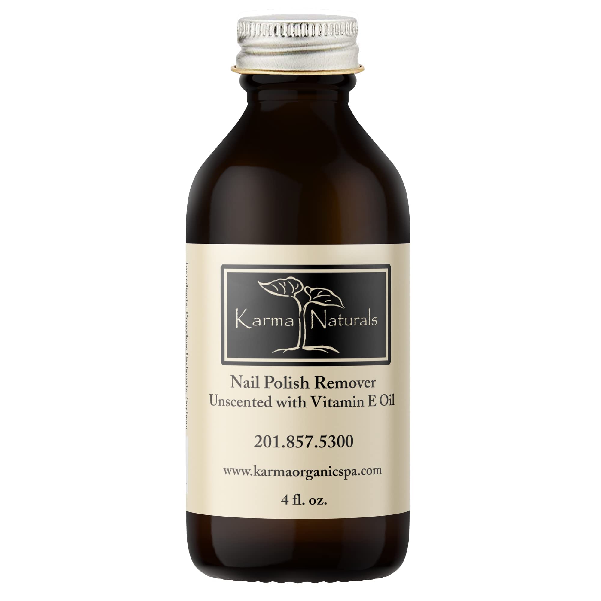 Karma Organic unscented nail polish remover bottle shot highlighting a calm, fragrance-free design and vitamin E benefits