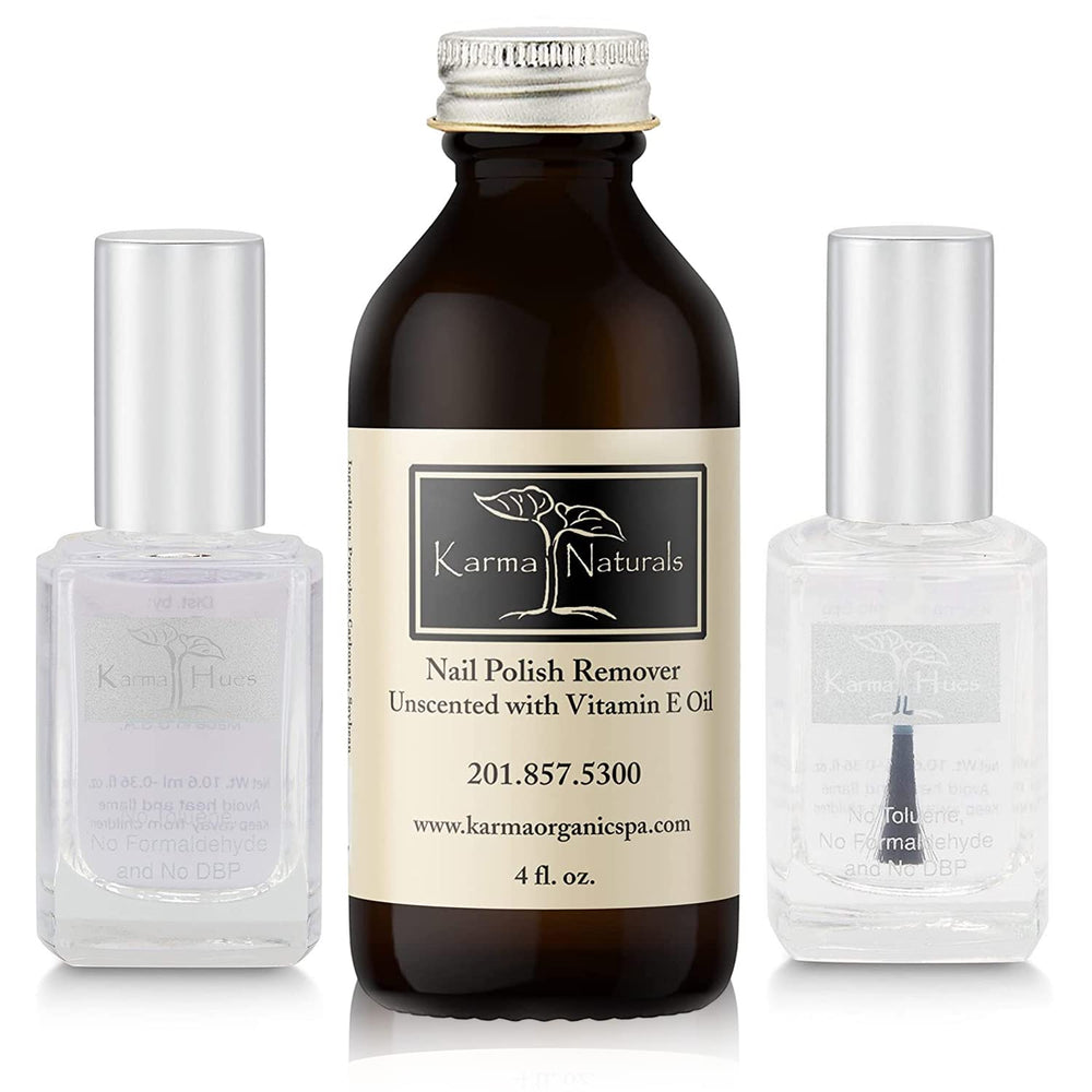 Karma Organic unscented remover bottle highlights fragrance-free cleansing.