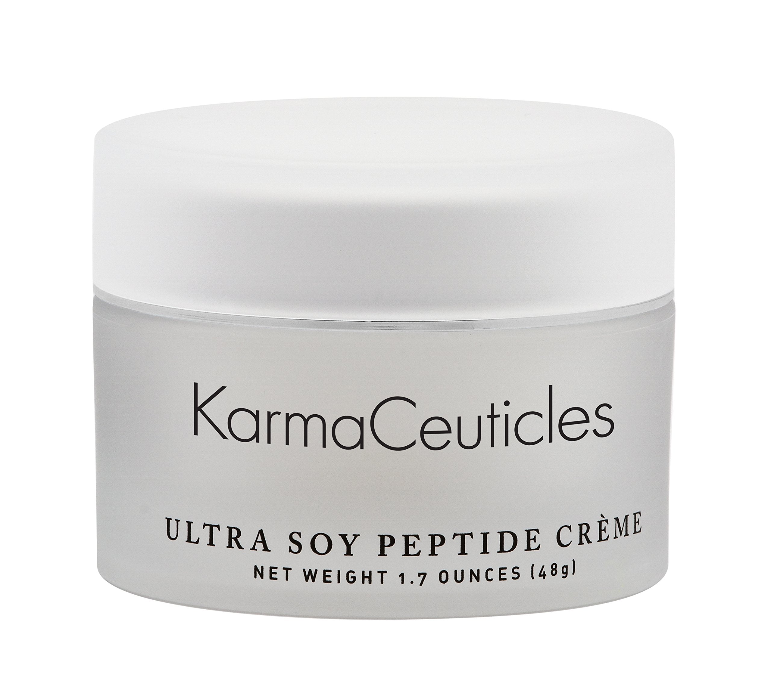 KarmaCeuticles Ultra Soy Peptide Creme jar delivers hydrating radiance for dry, dehydrated skin.
