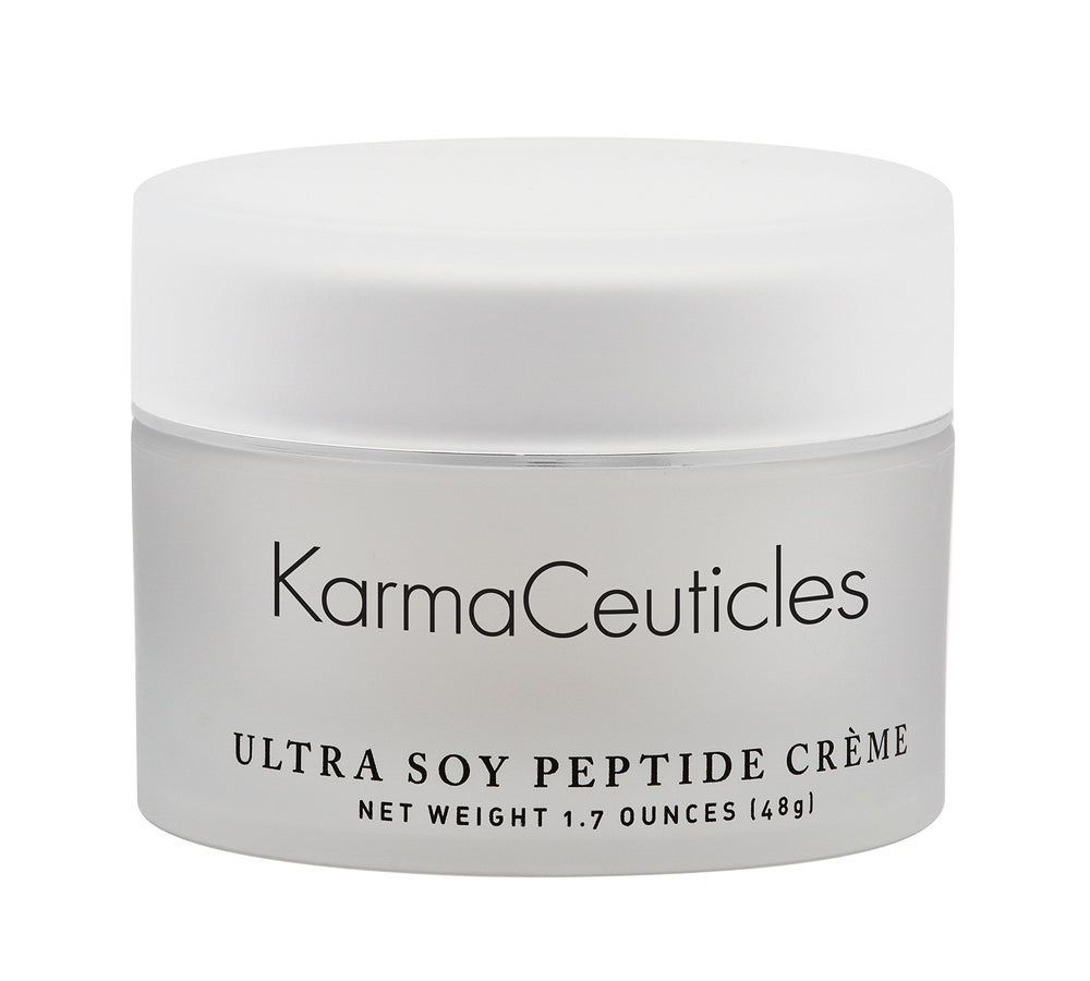 KarmaCeuticles Ultra Soy Peptide Creme jar delivers hydrating radiance for dry, dehydrated skin.