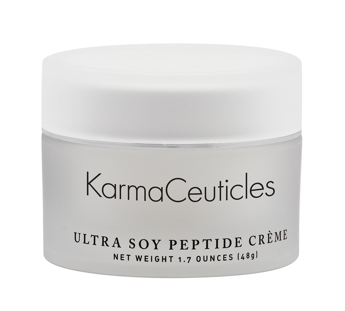 KarmaCeuticles Ultra Soy Peptide Creme jar delivers hydrating radiance for dry, dehydrated skin.