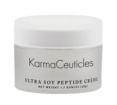 KarmaCeuticles Ultra Soy Peptide Creme jar delivers hydrating radiance for dry, dehydrated skin.