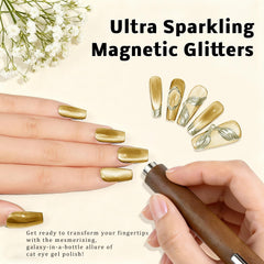 Close-up of holographic shimmer finish on Karroy Cat Eye gel nails.
