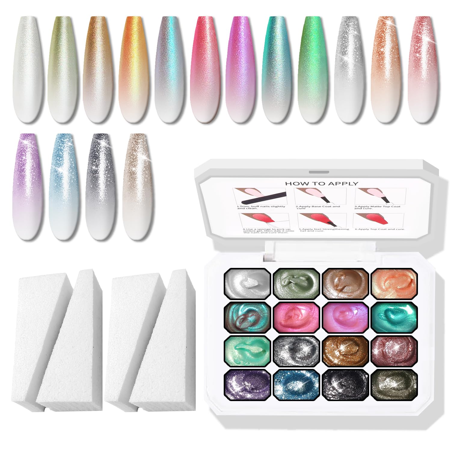 Karroy Glitter Pat Gel Nail Palette with 16 colors for effortless ombre nails.