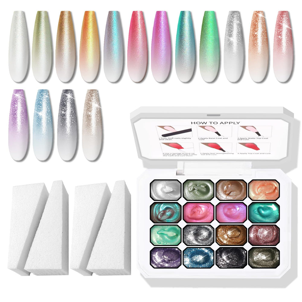 Karroy Glitter Pat Gel Nail Palette with 16 colors for effortless ombre nails.