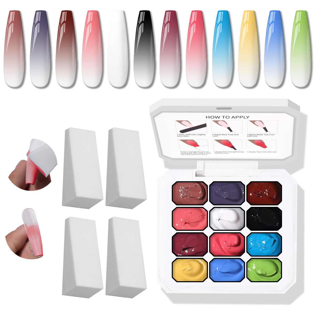 Karroy Sponge Pat Gel Nail Palette with 12 colors for gradient ombre nails
