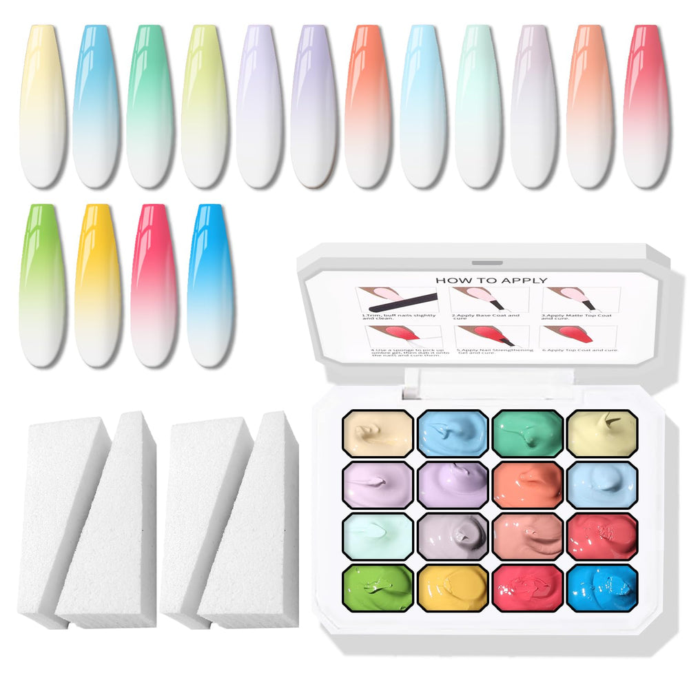 Karroy Sponge Pat Paint Nail Gel creates a soft ombre gradient on nails.