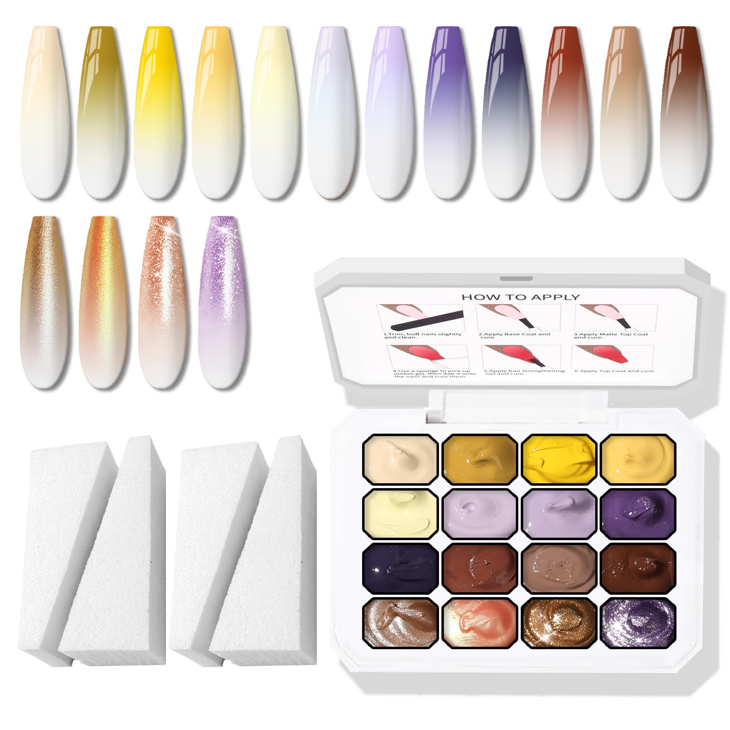Karroy Sponges Pat Gel Nail Polish Palette swatches show vibrant 16-color ombre options for gradient nails