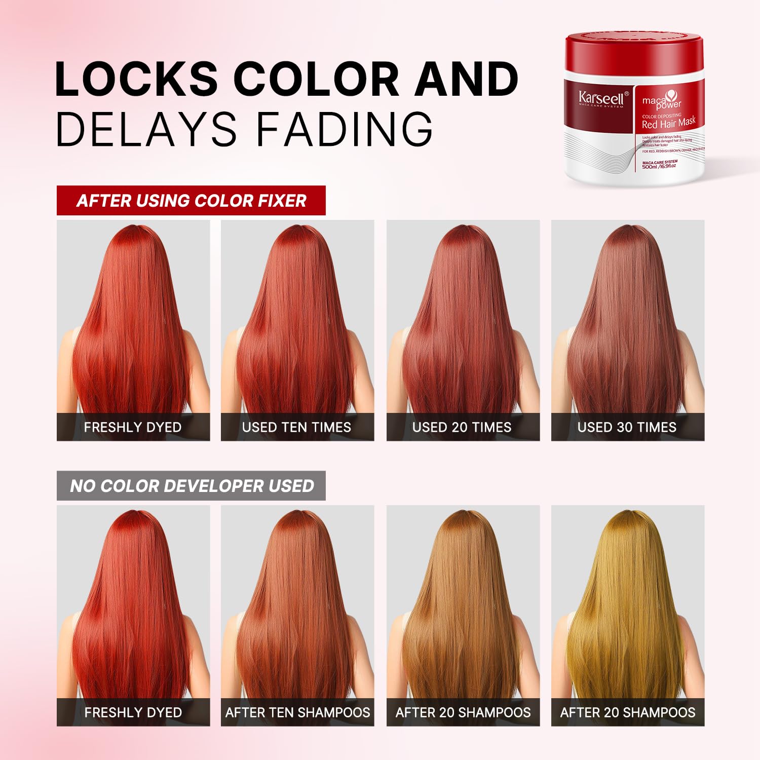 Bleached hair sample illustrating fade-resistant red tones.